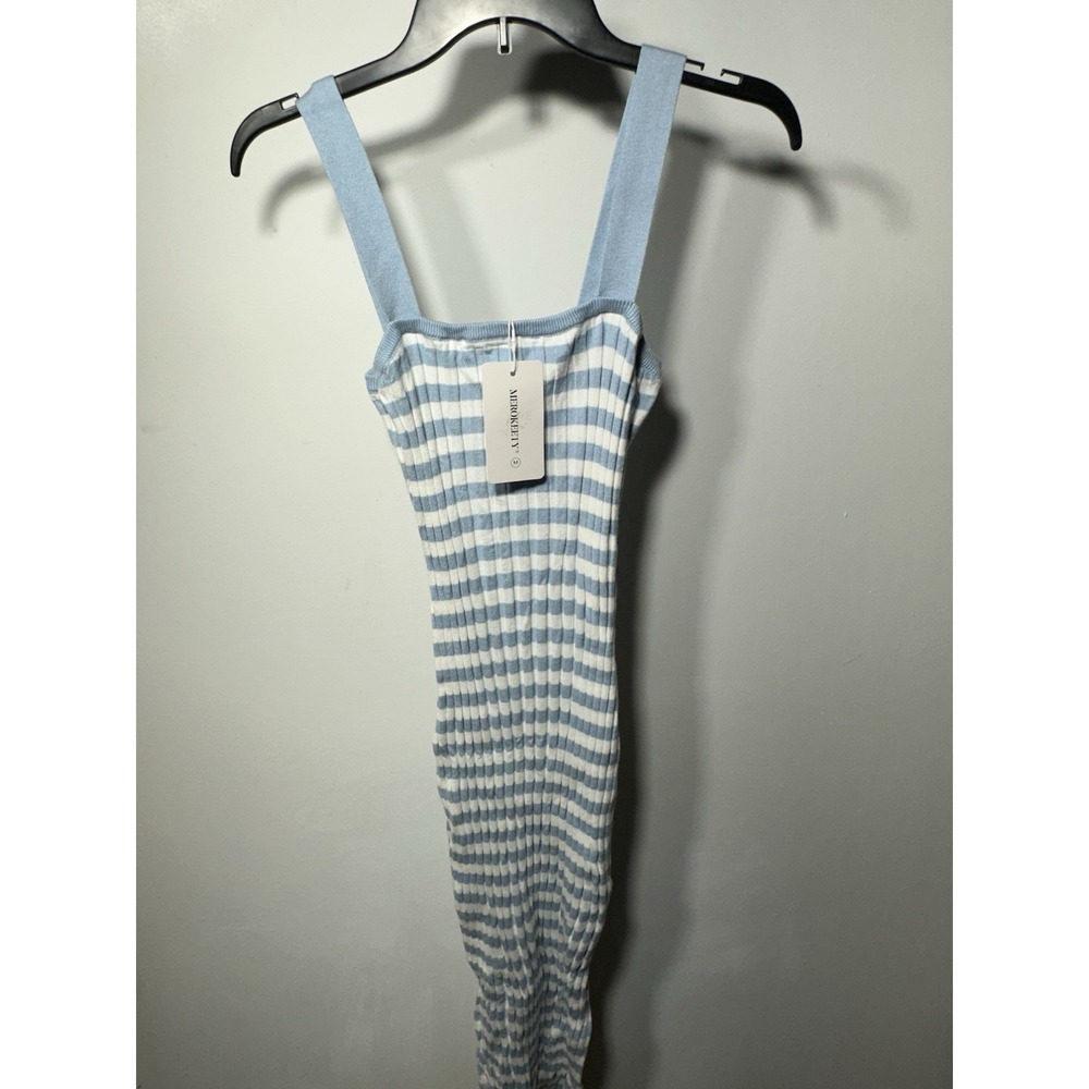 Merokeety Sweater Dress Womens Large Blue White Striped Knit Bodycon Maxi